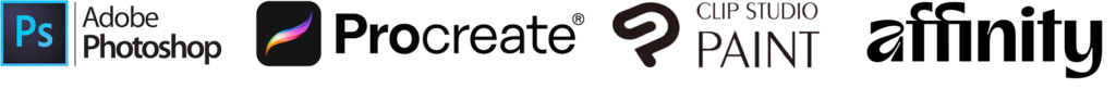 Logos of four digital art software programmes: Adobe Photoshop, Procreate, Clip Studio Paint, and Affinity, each displayed in their distinctive styles and fonts on a white background.