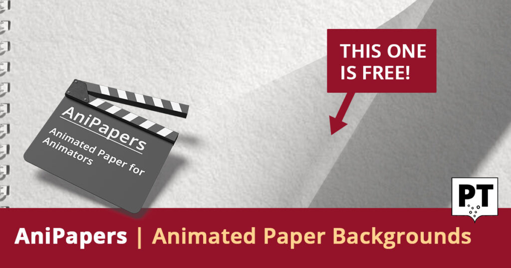 A film clapperboard labelled “AniPapers: Animated Paper for Animators” on a white paper background. A red banner says, “THIS ONE IS FREE!” Below, text reads, “AniPapers | Animated Paper Backgrounds.”.