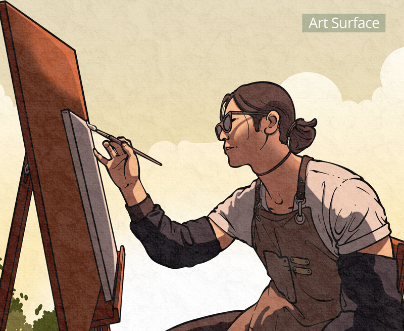 A digital illustration of a person wearing glasses and an apron sits outdoors, painting on a canvas positioned on an easel. The background is light with clouds, and "Art Surface" is labelled in the upper right corner to indicate that a digital paper texture surface has been applied to the illustration.