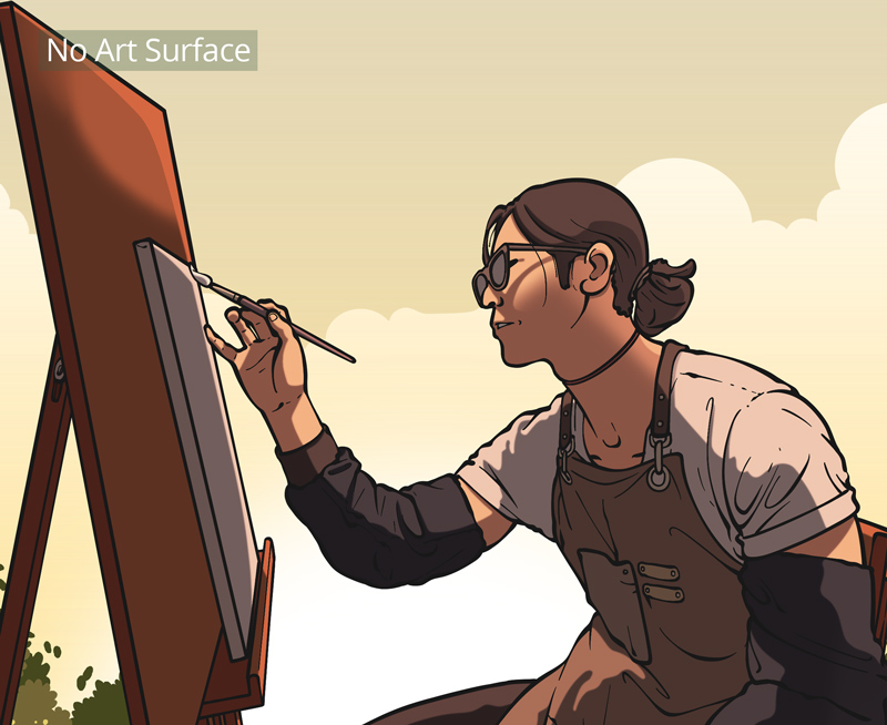 Digital Illustration of a person wearing glasses and an apron sits at an easel, painting on a blank surface outdoors under a partly cloudy sky. A label in the top left corner reads "No Art Surface." It is smooth vector art in illustration style, with no paper surface texture.