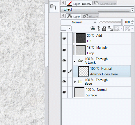 Digital paper texture - A digital art programme interface showing a layer panel with four layers: Lift, Drop, Artwork, and Surface. The layer titled "Artwork Goes Here" is selected, and each layer has different blending modes and visibility settings.