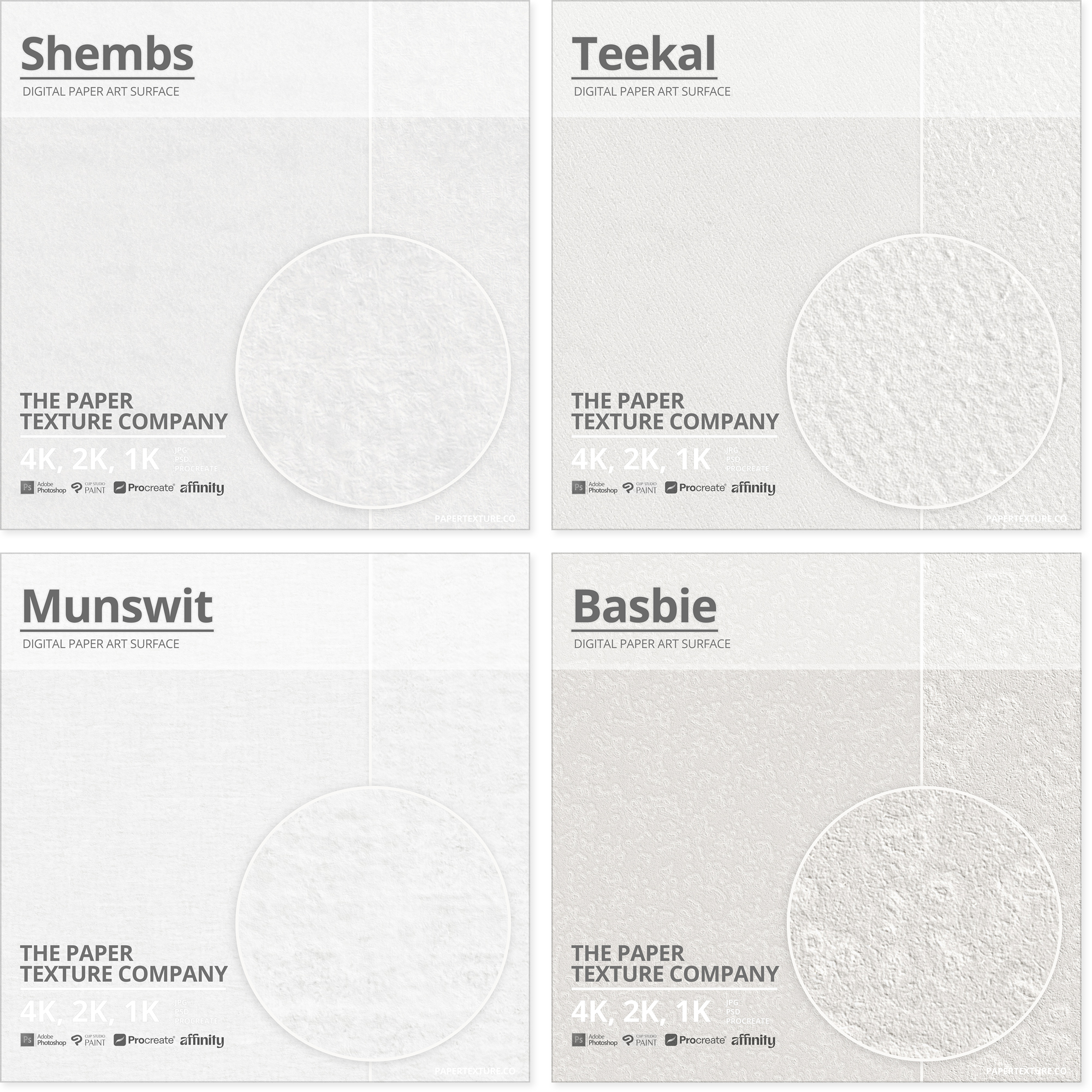A digital display shows four paper textures labelled Shembs, Teekal, Munswit, and Basbie. Each square has an inset preview circle displaying the texture pattern at a magnified detail, and technical details overlaid like 4K, 2K, 1K resolution.