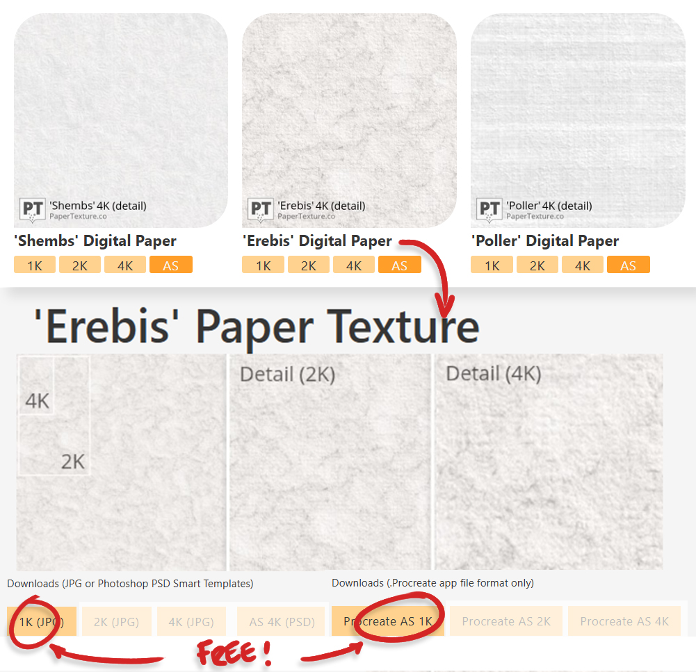 Digital paper texture - Screenshot of a website displaying three white digital paper textures labelled 'Shembs', 'Erebis', and 'Poller'. 'Erebis' Paper Texture download options highlight 1K JPG and 'Procreate AS 1K' as free.