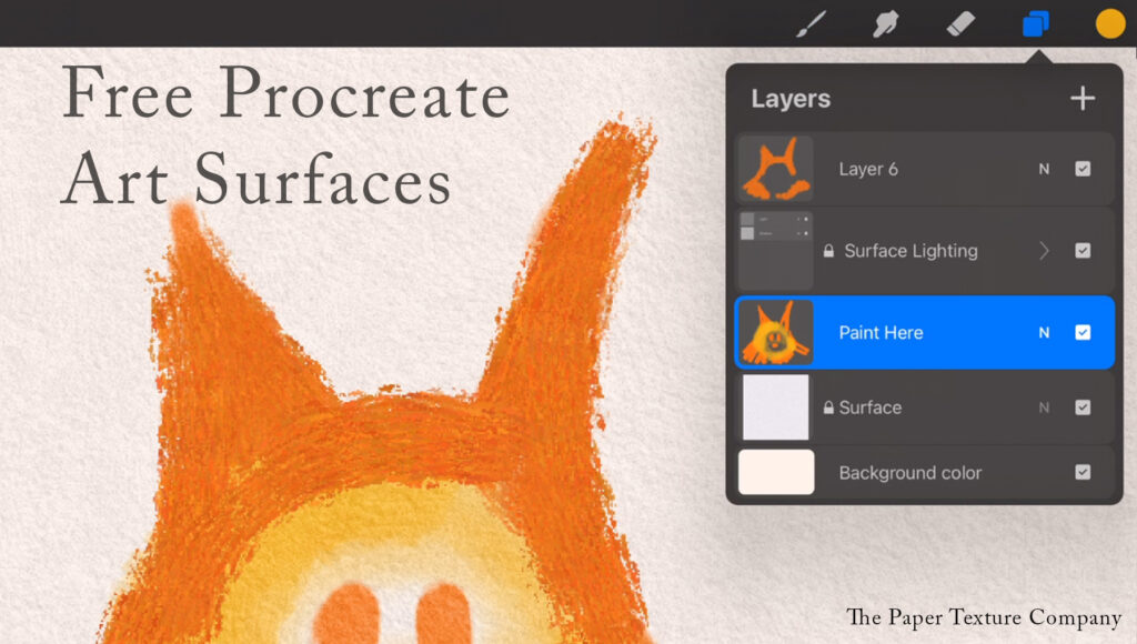 Digital paper texture - A digital art interface in Procreate displays an orange abstract character on textured paper, a visible layers panel, and the text âFree Procreate Art Surfacesâ on the left. The Paper Texture Company is credited in the corner.