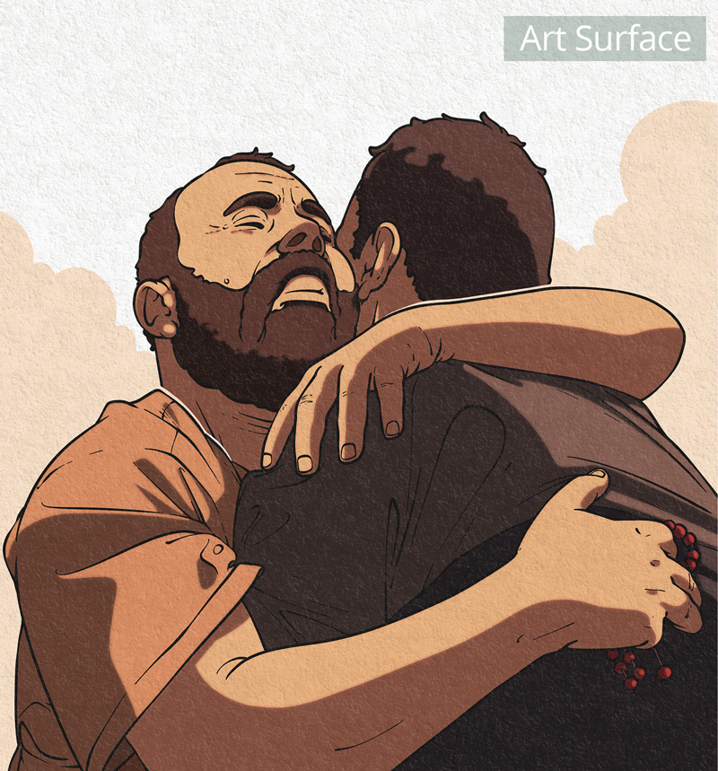 Digital painting with a paper textured surface. Two men are embracing tightly one has his eyes closed and an emotional expression. The background is light with soft clouds, and a label in the top right corner reads "Art Surface."