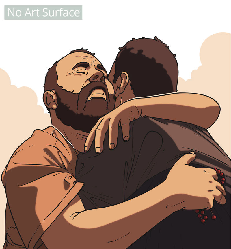 Two men are embracing tightly; one has his eyes closed and an emotional expression. The background is light with soft clouds, and a label in the top left corner reads "No Art Surface.