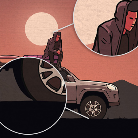 Digital paper texture shadows visible on a digital painting of a person wearing a hooded jacket sits on top of an SUV with luggage on the roof, looking into the distance at sunset with mountains and a large sun in the background. Two inset magnified circles show the detailed effect of the paper surface texture shadows.