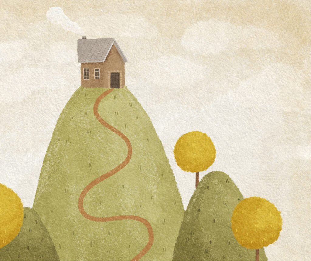 Digital paper texture - A small house with smoke rising from its chimney sits atop a green hill. A winding path leads up to the house, and there are three rounded, yellow trees on the surrounding hills under a cloudy sky.