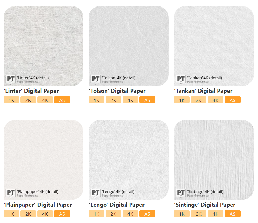 Six digital paper samples are shown in two rows, each labelled with a name and details. Labels at the bottom indicate resolution options: 1K, 2K, 4K, and AS. Each paper has a different subtle texture.
