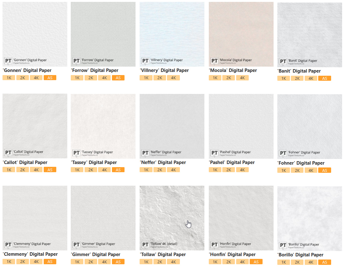 A selection of 16 digital paper textures is displayed in a grid, each labelled with a name and paper details. The papers vary slightly in colour and texture, ranging from smooth to subtly textured surfaces.