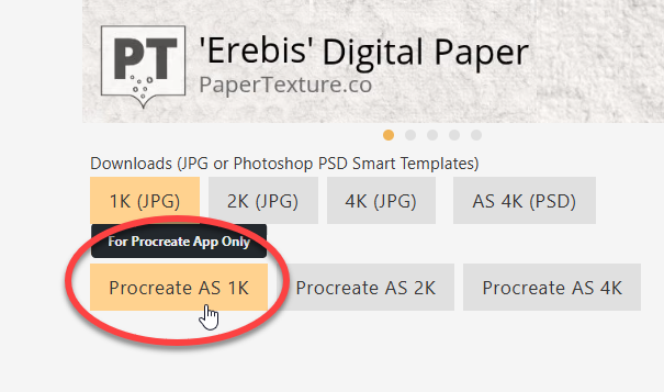 Digital paper texture - A website downloads section for 'Erebis' Digital Paper from PaperTexture.co, showing options for JPG and Procreate files. A cursor points to and highlights the "Procreate AS 1K" button.