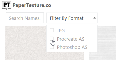 Digital paper texture - A website filter drop-down menu is open, showing options to filter by JPG, Procreate AS, and Photoshop AS formats. A cursor is pointing to the tick box for Procreate AS.