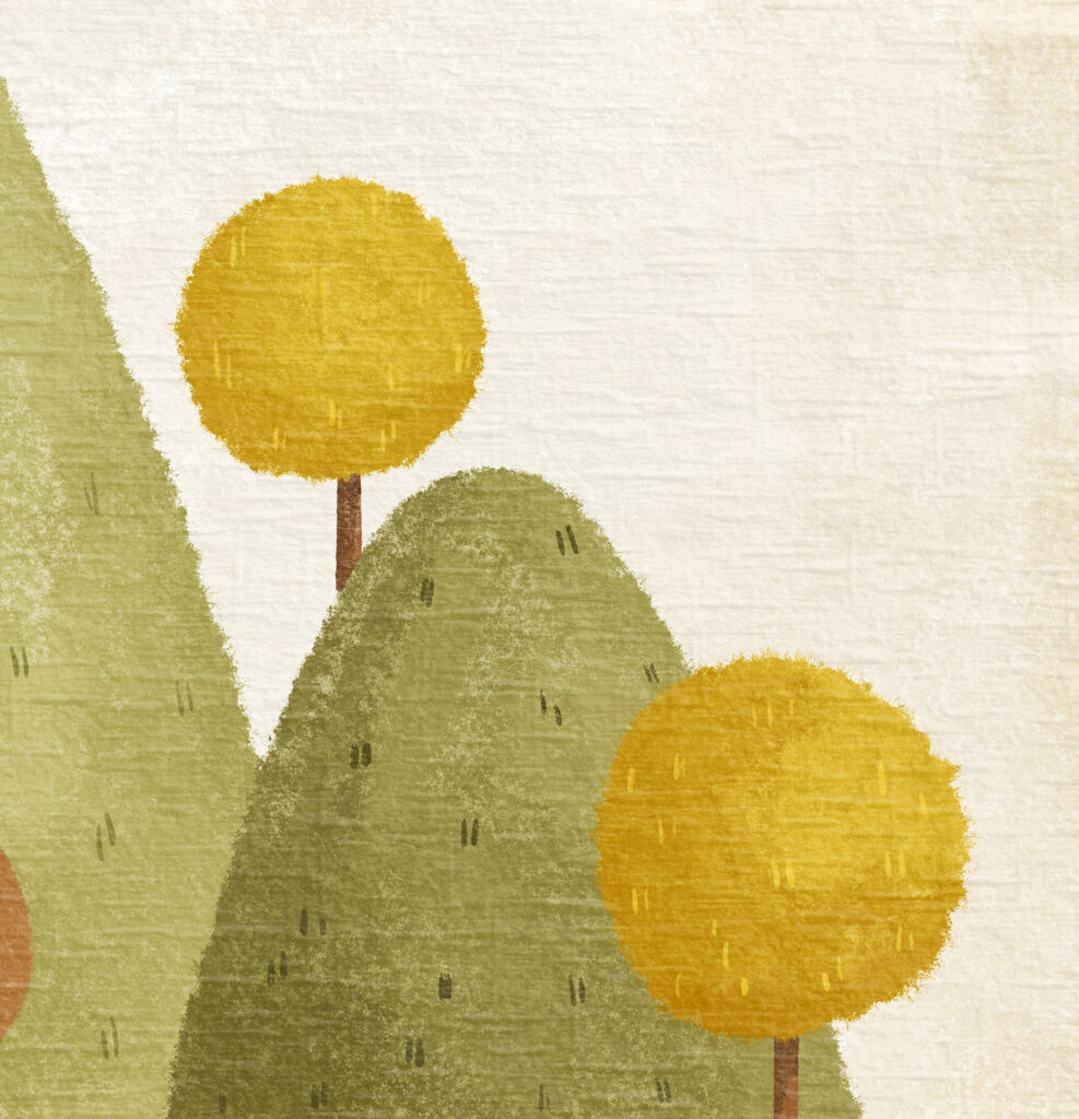 An illustration of two stylised yellow trees standing in front of rolling green hills.