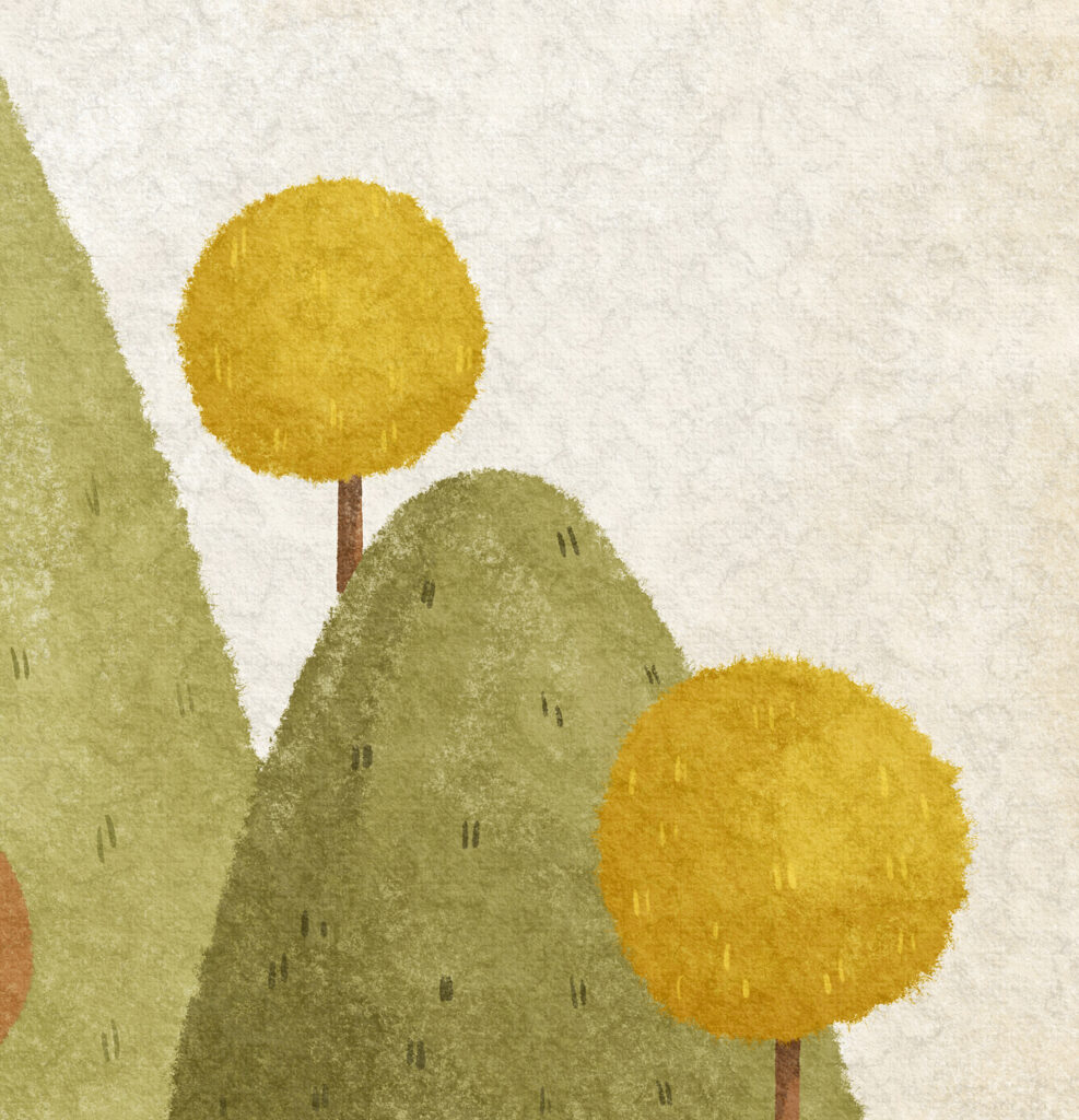 Stylised illustration of two green hills with two round yellow trees against a textured off-white background.