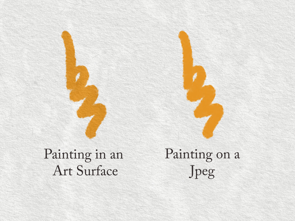 Digital paper texture - Two similar orange paint strokes are shown side by side on textured backgrounds. The left is labelled "Painting in an Art Surface," and the right is labelled "Painting on a Jpeg.