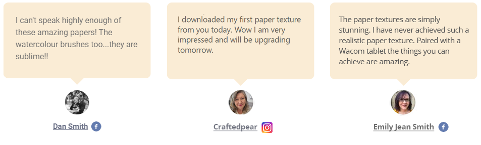 Three customer testimonials are shown in speech bubbles above small profile photos. Each testimonial praises the quality of paper textures and one the watercolour brushes. The reviewers social handles and platform logos are shown underneath.