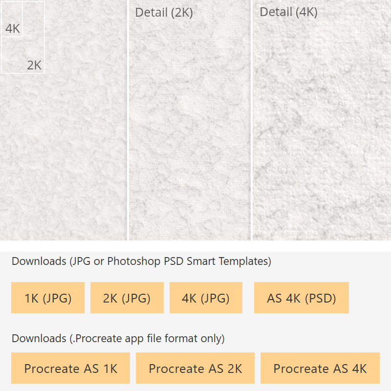 A comparison of textured paper images at 2K and 4K resolutions, showing increased detail at higher resolutions. Below are buttons for downloading JPG, PSD, and Procreate files in 1K, 2K, and 4K formats.