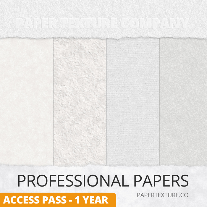 Four vertical panels display different white and off-white paper textures. The text reads "PROFESSIONAL PAPERS," "ACCESS PASS - 1 YEAR," and "PAPERTEXTURE.CO" on a light background.