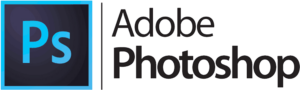 Adobe Photoshop logo featuring a blue "Ps" icon in a square on the left and the words "Adobe Photoshop" in black text on the right against a light grey background.
