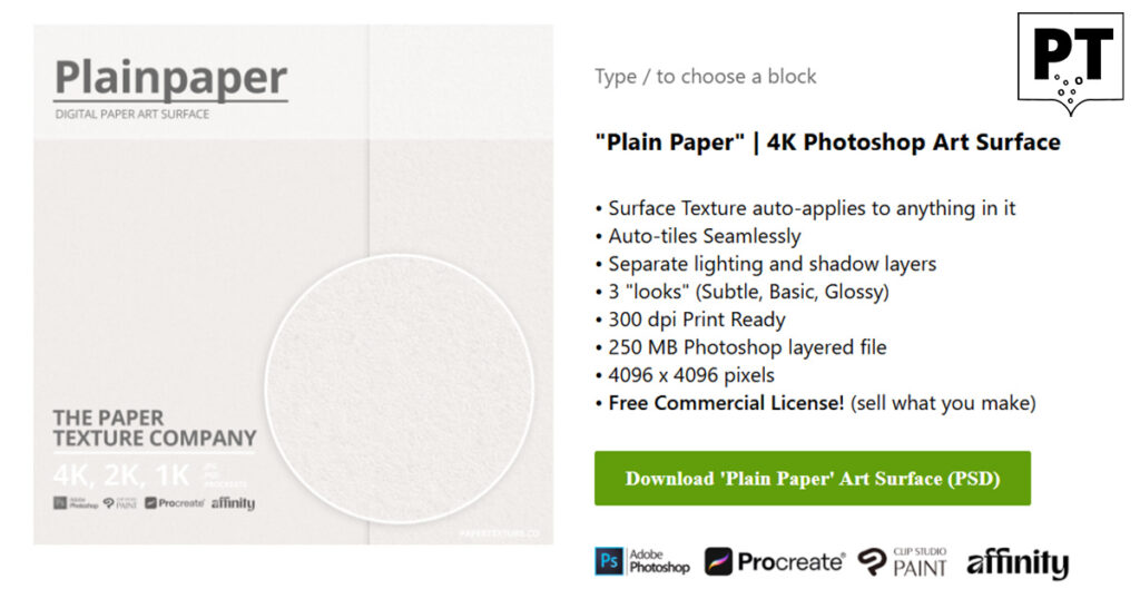 A digital product page for "Plainpaper 4K Photoshop Art Surface" shows a sample mock-up, feature list, free commercial licence notice, and a green button to download the PSD file. Icons for art software are at the bottom.