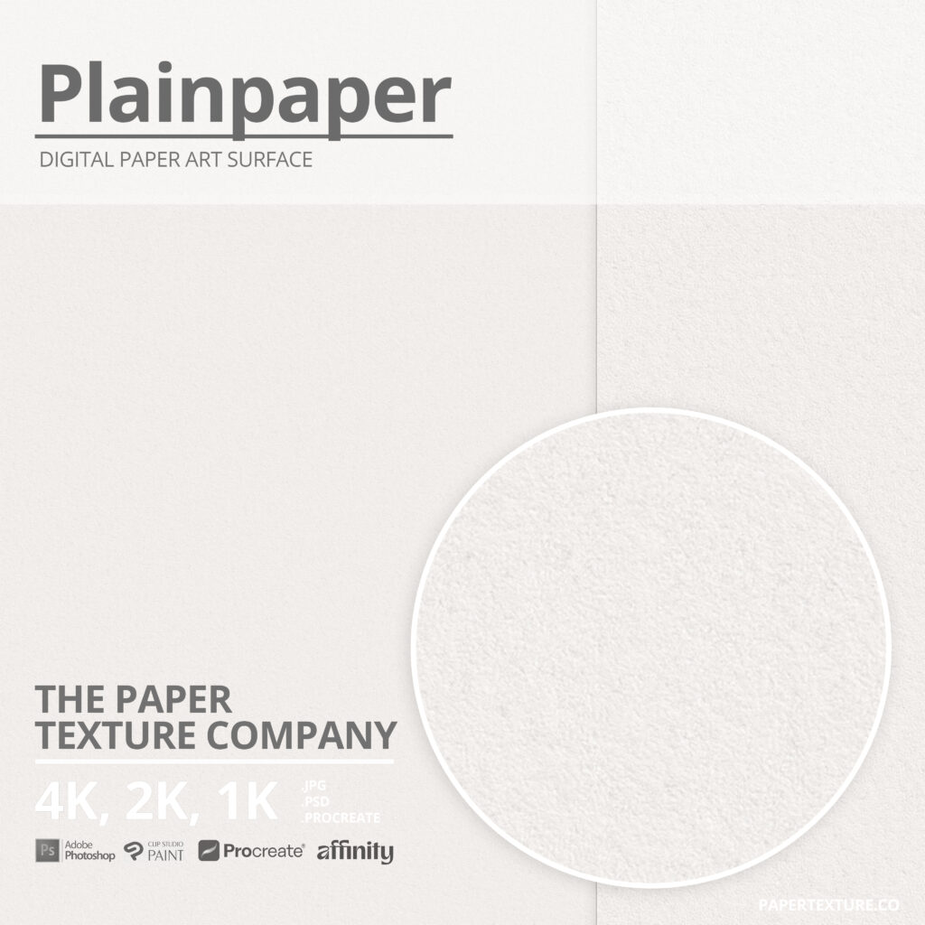 A digital graphic displays "Plainpaper" as a digital paper art surface with a textured paper sample. It lists compatible software icons of Photoshop, Procreate, Clip Studio Paint, Affinity Photo and resolutions 4K, 2K, 1K. Branding reads "The Paper Texture Company".