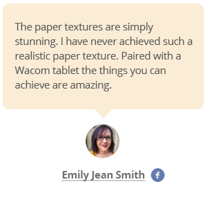 A testimonial quotation about realistic paper textures and using a Wacom tablet appears above a small profile photo of a woman with shoulder-length hair and glasses, labelled "Emily Jean Smith" with a Facebook icon.