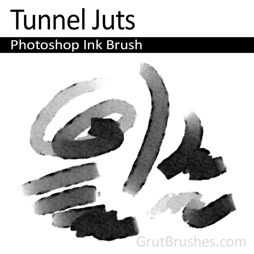 Black, abstract brush strokes made with a Photoshop ink brush labelled "Tunnel Juts" on a white background, with the website GrutBrushes.com written at the bottom.