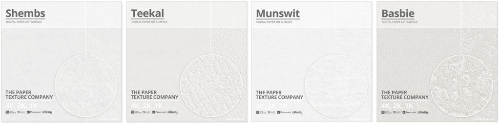 Four sample cards display different white and off-white paper textures available for download named Shembs, Teekal, Munswit, and Basbie. Each card shows the brand âThe Paper Texture Companyâ with icons and text at the bottom.