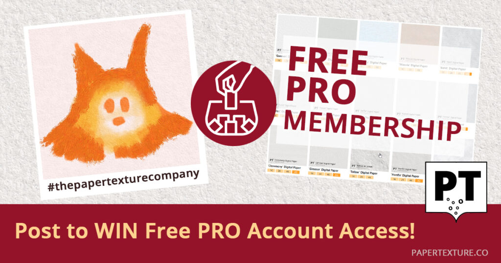 A graphic featuring an orange abstract creature, a grid of textured paper samples labelled "FREE PRO MEMBERSHIP," and text reading "Post to WIN Free PRO Account Access!," with a hashtag and logo for papertxture.co.