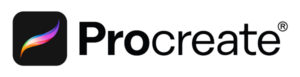 Procreate logo featuring a black rounded square with a multicoloured brushstroke icon on the left and the word "Procreate" in bold black letters with a registered trade mark symbol on the right.