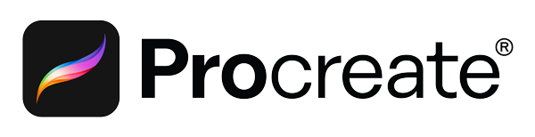 Procreate logo featuring a black rounded square with a multicoloured brushstroke icon on the left and the word "Procreate" in bold black letters with a registered trade mark symbol on the right.