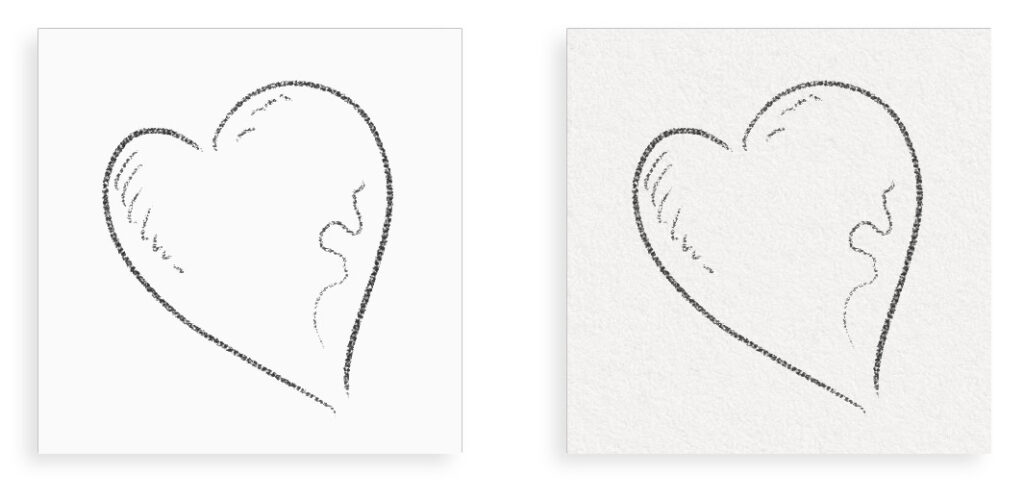 Two similar minimalist heart outlines, each with a line art profile of two faces inside. The left heart is on a smooth white background, and the right is on a textured off-white surface.