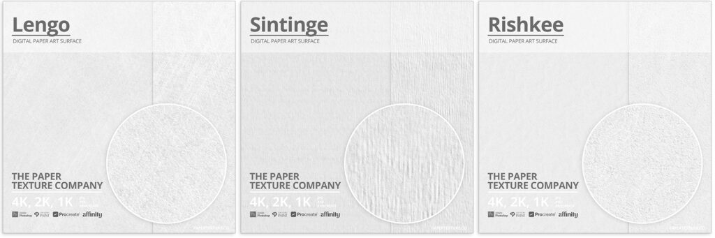 Three digital paper art texture samples named Lengo, Sintinge, and Rishkee are displayed side by side. Each has a visible paper texture in the centre circle with branding and resolution details at the bottom.